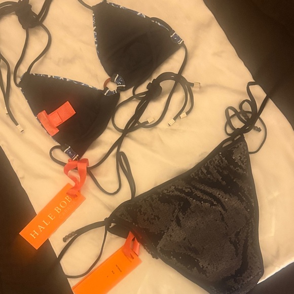 Hale Bob Black Sequin Bikini with Orange Accents